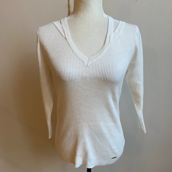 t Tahari BNWOT White Ribbed Split Vneck Sweater Pullover Large - Picture 1 of 7